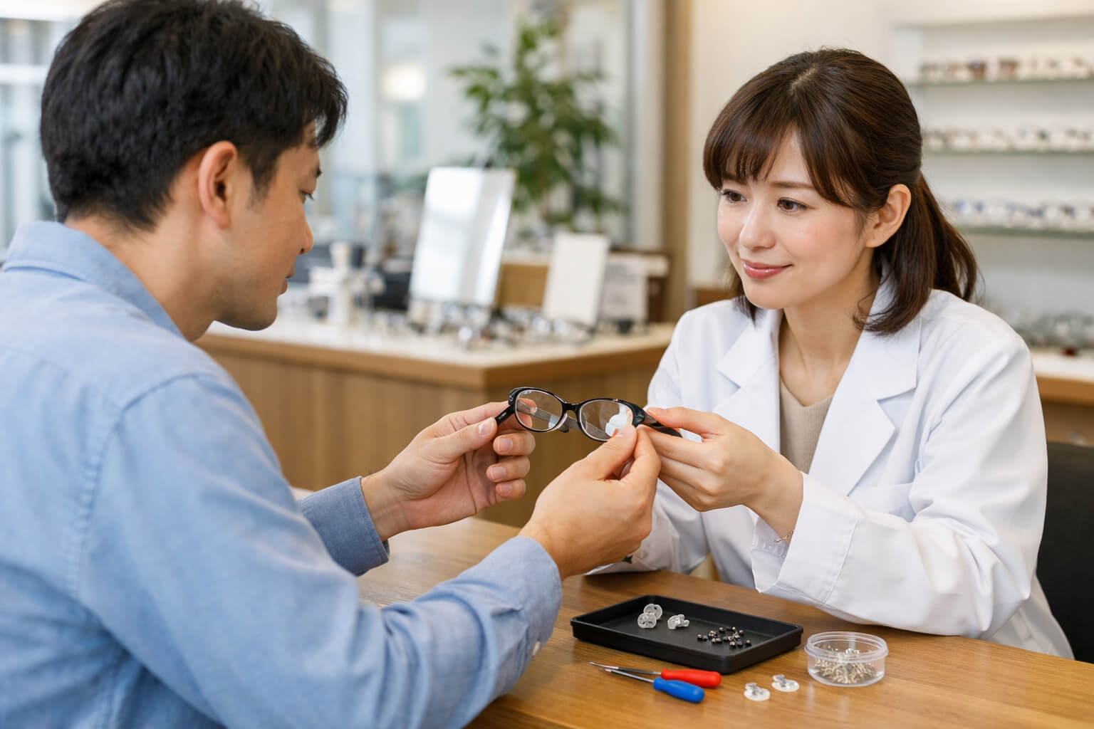 他社メガネの修理を眼鏡店で相談するイメージ