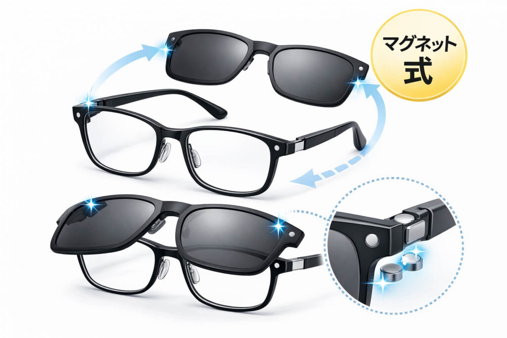 マグネット式でサングラスプレートを着脱する仕組みの図解
