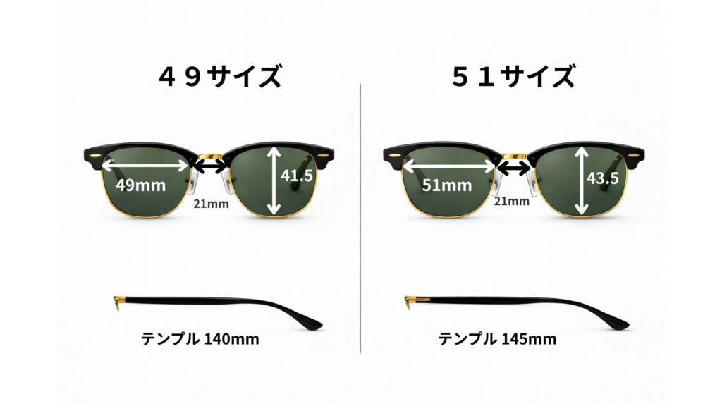 レイバン クラブマスター 49 51 どっち？結論と選び方をまとめたサイズ比較の図解