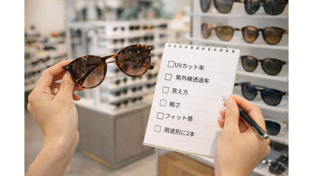 入前にチェック項目を見直すサングラス選びのイメージ