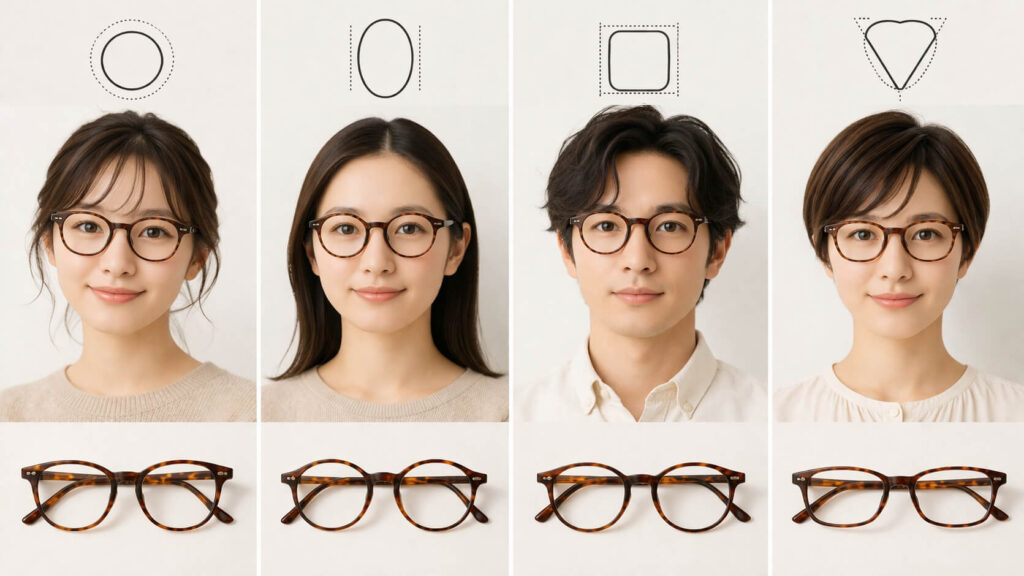 丸顔 面長 四角顔 逆三角顔に似合うべっ甲メガネの比較