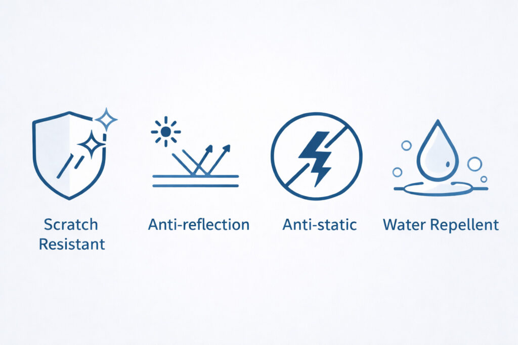 「耐傷・低反射・静電気防止・撥水」を4つのアイコンで表現したシンプルなインフォグラフィック